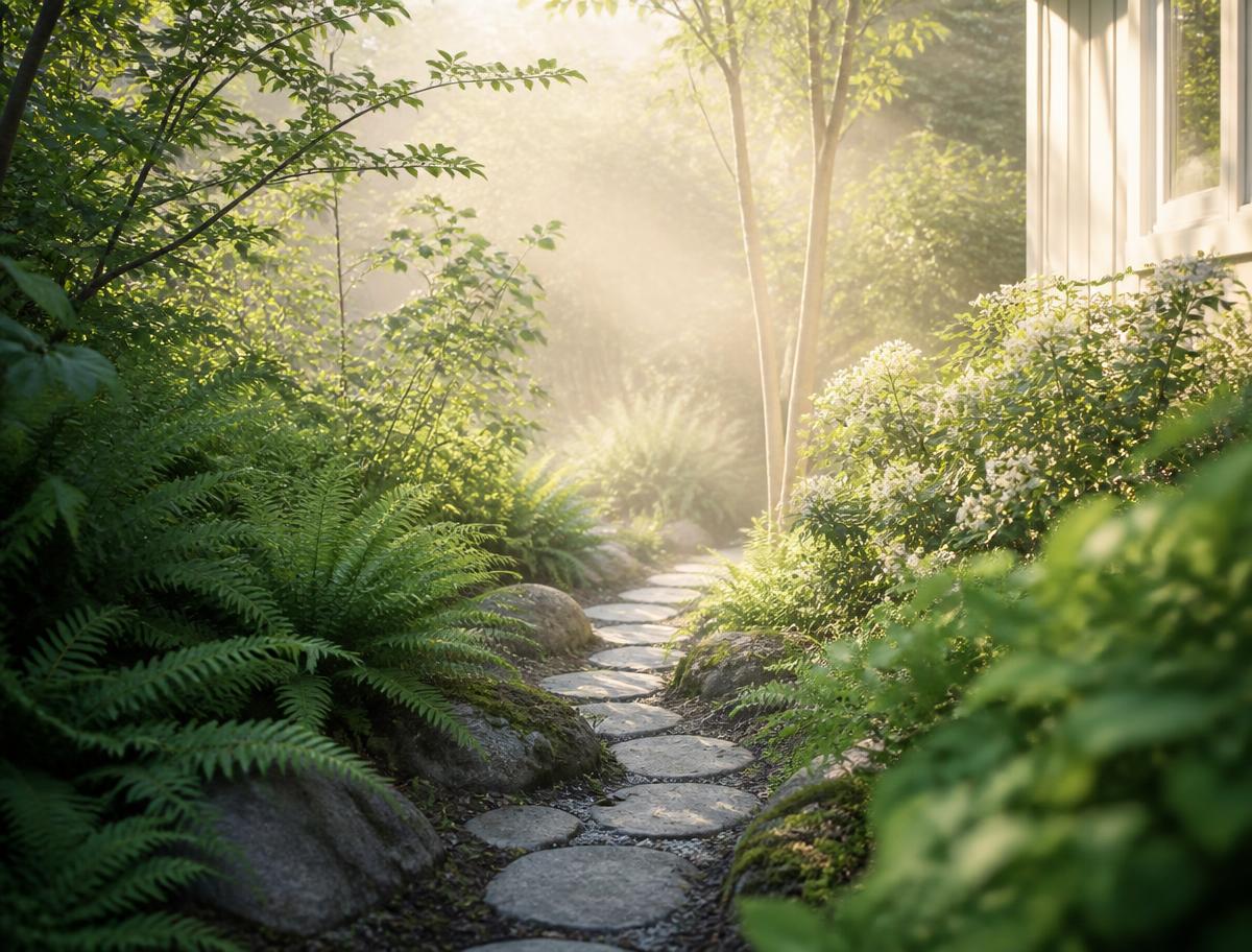 A quiet stone garden path lined with ferns in soft morning light