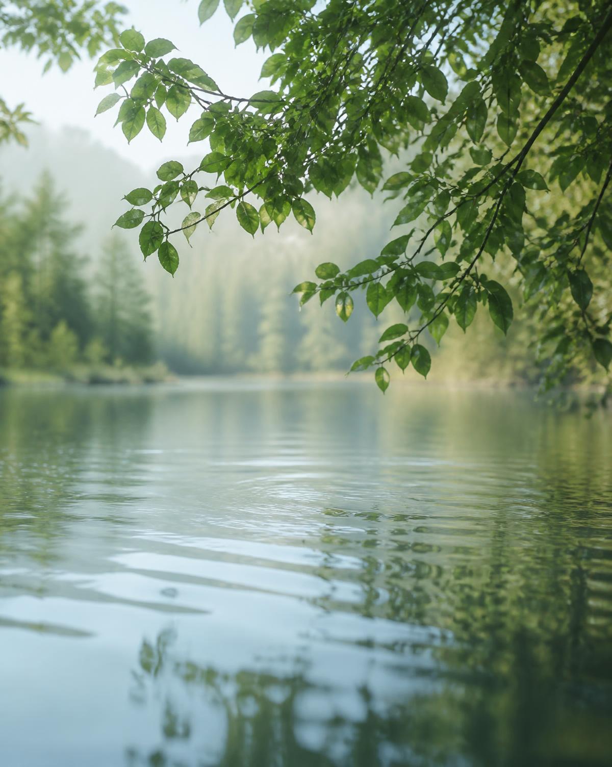 Morning light through green leaves over still, calm water